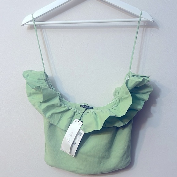 Zara Off the Shoulder light green Crop Top size L 326 - Picture 5 of 8